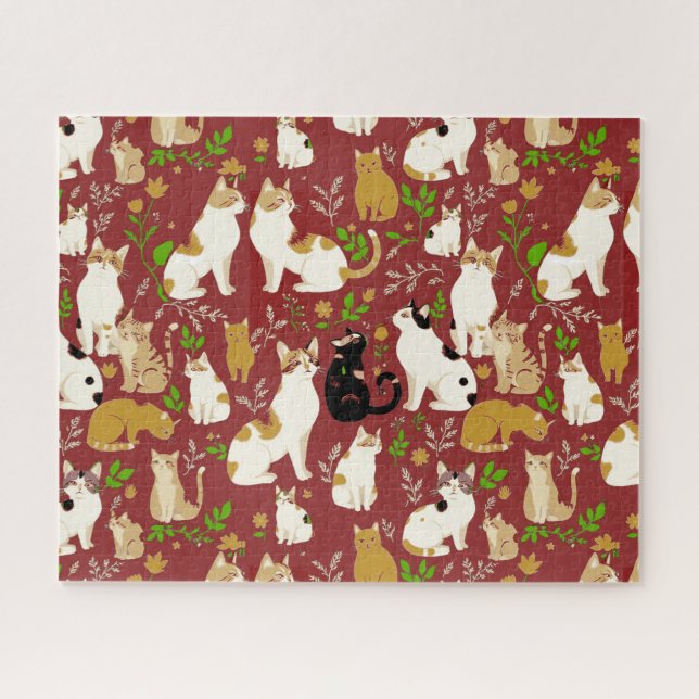 Cute Cats on a Burgundy Background Jigsaw Puzzle (Horizontal)