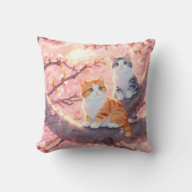 Cute Cats On A Cherry Blossom Tree Cushion (Front)