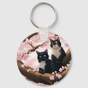 Cute Cats On A Cherry Blossom Tree Key Ring