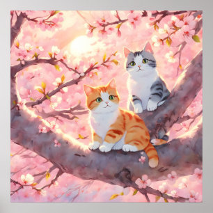 Cute Cats On A Cherry Blossom Tree Poster
