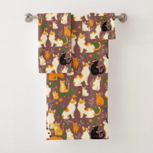 Cute Cats on a Coffee Brown Background Bath Towel Set