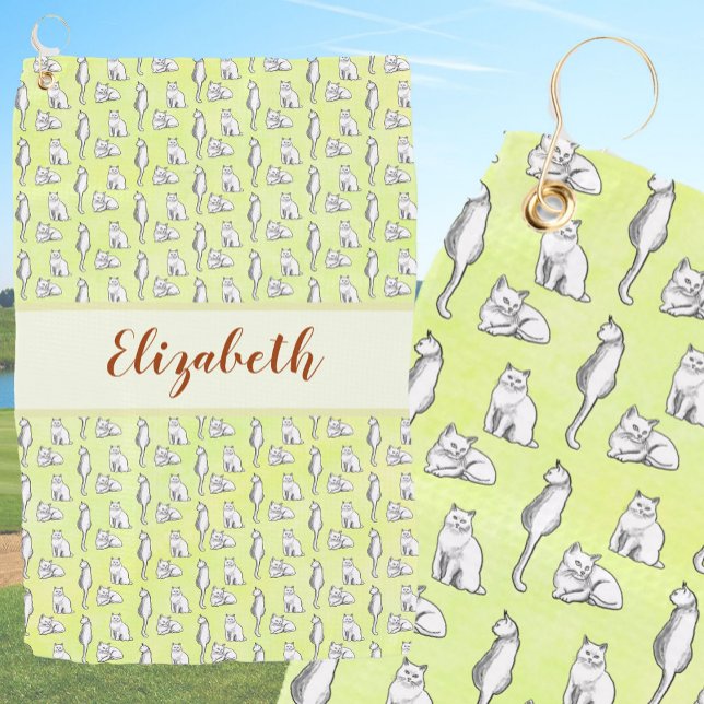 Cute cats on yellow with custom name ladies  golf towel (Creator Uploaded)