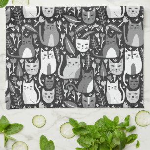 Cute Cats Pattern Botanical Floral Black and White Tea Towel