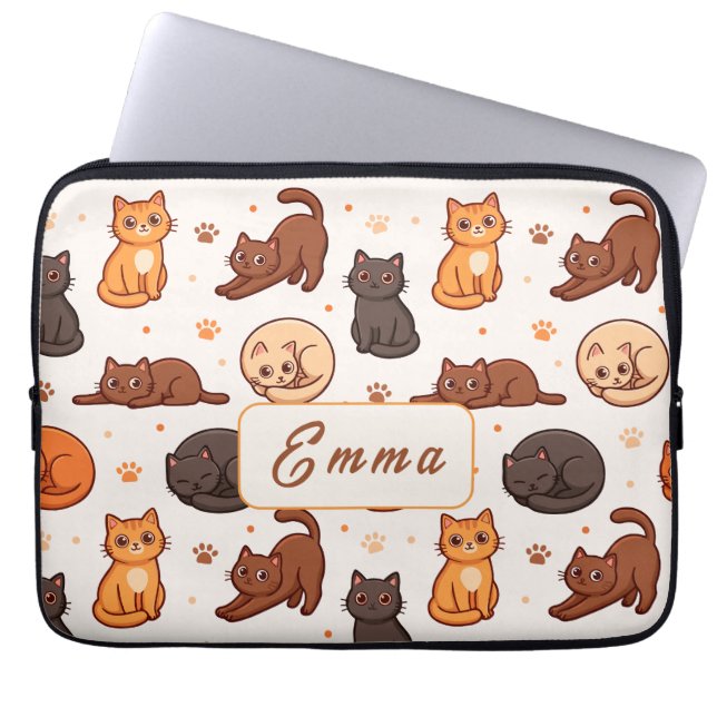 Cute Cats Pattern Custom Monogram Name Kids  Laptop Sleeve (Front)