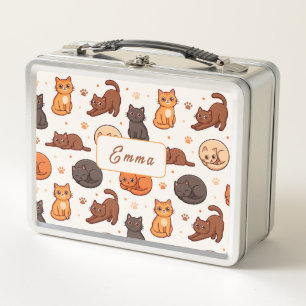 Cute Cats Pattern Custom Monogram Name Kids  Metal Lunch Box