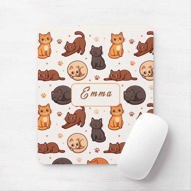 Cute Cats Pattern Custom Monogram Name Kids Mouse Pad (With Mouse)