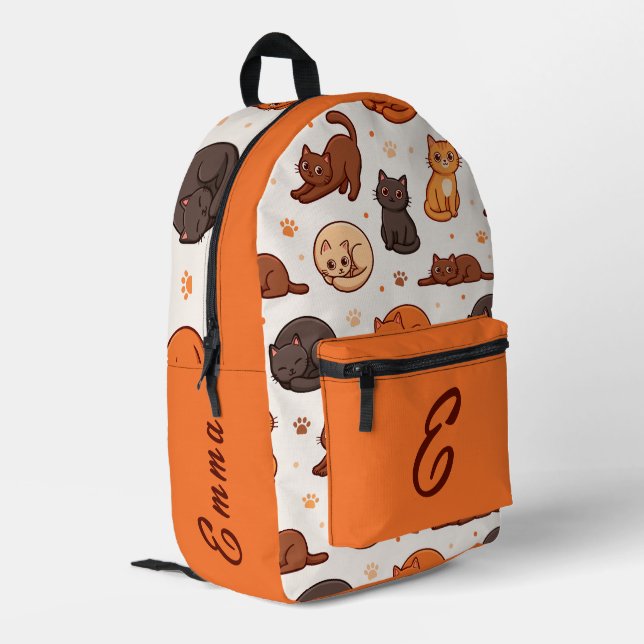Cute Cats Pattern Custom Monogram Name Kids Printed Backpack (Back Corner Left)