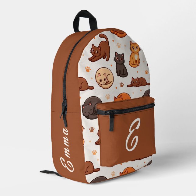 Cute Cats Pattern Custom Monogram Name Kids Printed Backpack (Back Corner Left)