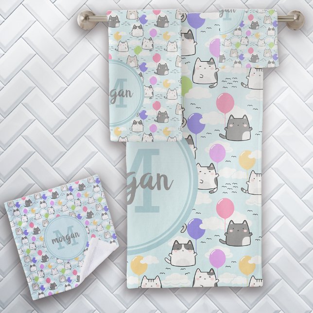 Cute Cats Pattern Monogram Bath Towel Set (Creator Uploaded)