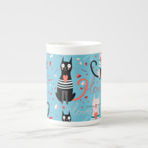 Cute cats pattern on a blue background bone china mug