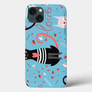 Cute cats pattern on a blue background iPhone 13 case