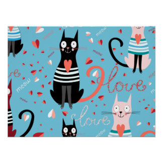 Cute cats pattern on a blue background poster
