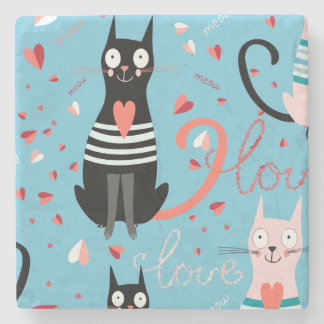 Cute cats pattern on a blue background stone coaster