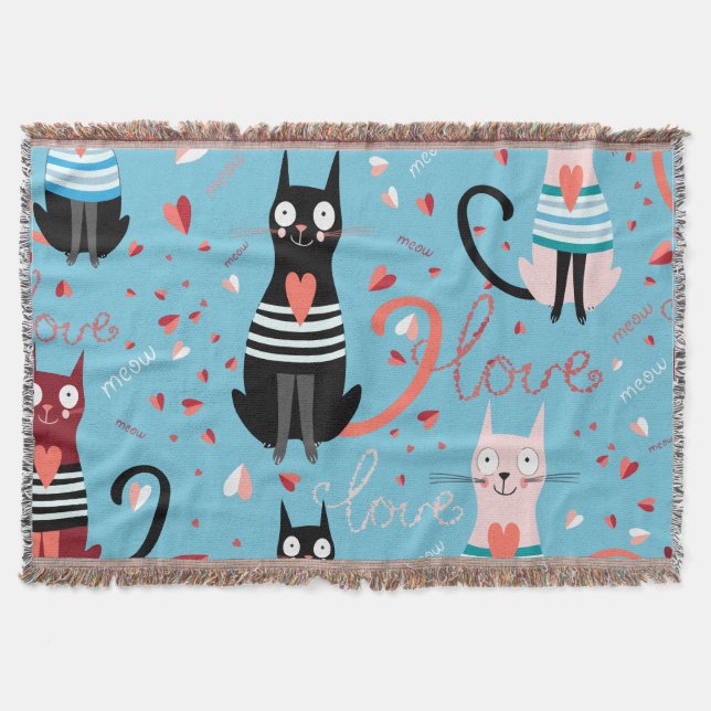 Cute cats pattern on a blue background throw blanket (Front)