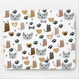 Cute Cats & Paw and hearts Prints Pattern  Mouse Pad