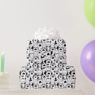 Cute Cats Paws Pattern Black White  Wrapping Paper