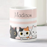 Cute Cats Personalised Coffee Mug<br><div class="desc">Sip your favourite drinks from this delightful custom name mug, featuring an endearing lineup of cute cats against a blush pink striped background. Perfect for cat lovers of all ages, this high-quality mug can be personalised with any name, making it a charming and unique gift. Whether for morning coffee, afternoon...</div>