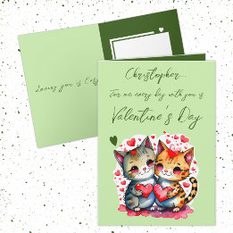 Cute cats personalised name green Valentine's Day Card
