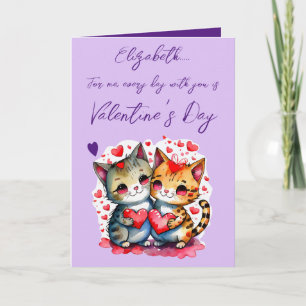 Cute cats personalised name purple Valentine's Day Card