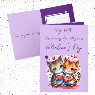 Cute cats personalised name purple Valentine's Day Card