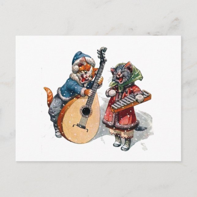 Cute Cats Play Mandolin and Xylophone in the Snow Postcard (Front)