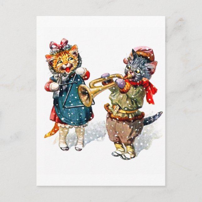 Cute Cats Play the Trumpet & Triangle in the Snow Postcard (Front)