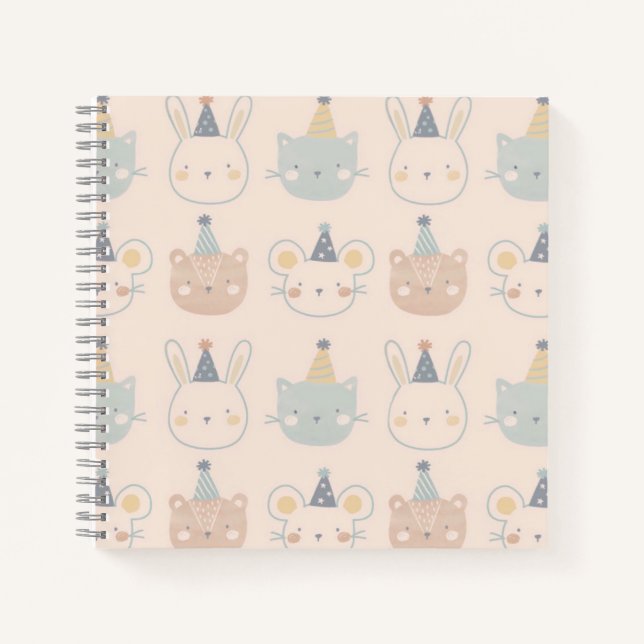 Cute Cats Rabbits and Bears Faces Pastel Pattern Notebook (Front)