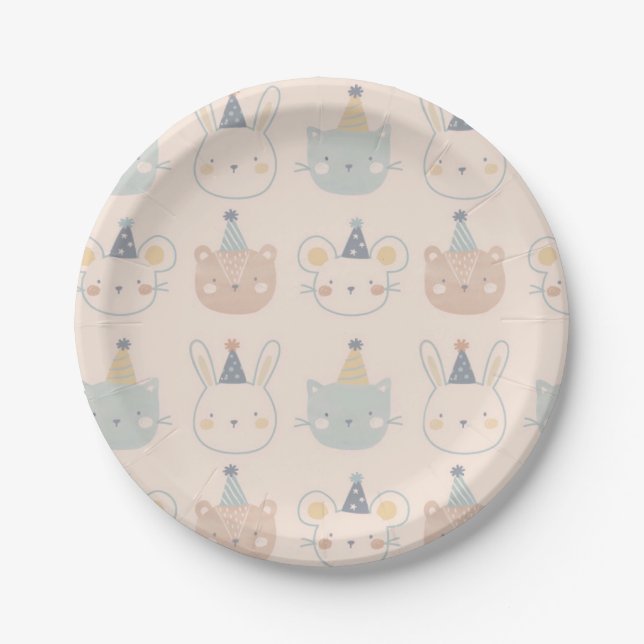 Cute Cats Rabbits and Bears Faces Pastel Pattern Paper Plate (Front)
