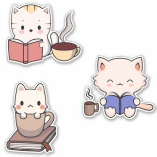 Cute Cats Reading Books and Drinking Coffee