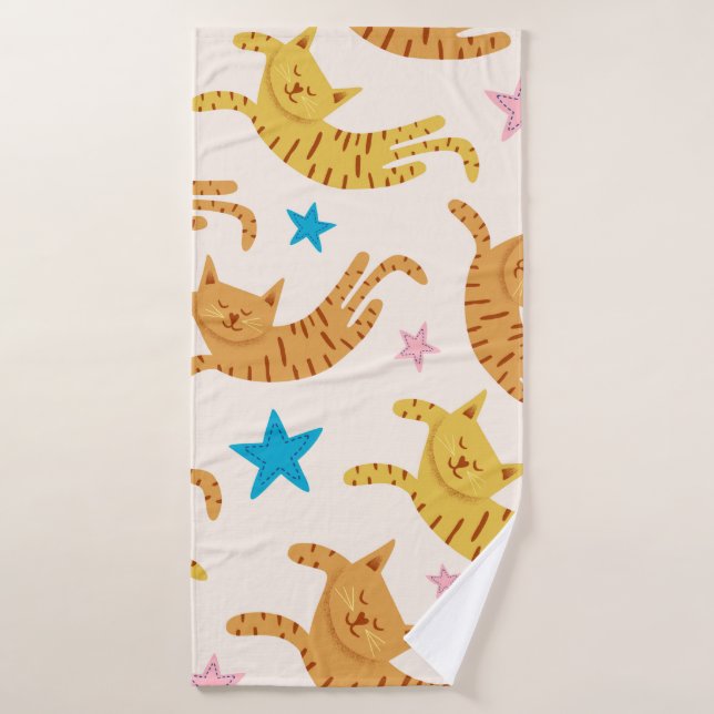Cute cats seamless pattern with stars funny drawin bath towel (Bath Towel)
