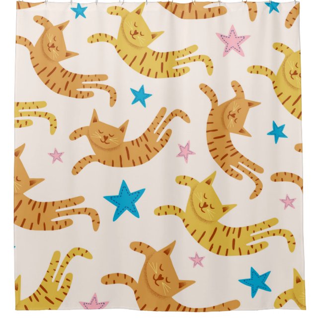 Cute cats seamless pattern with stars funny drawin shower curtain (Front)
