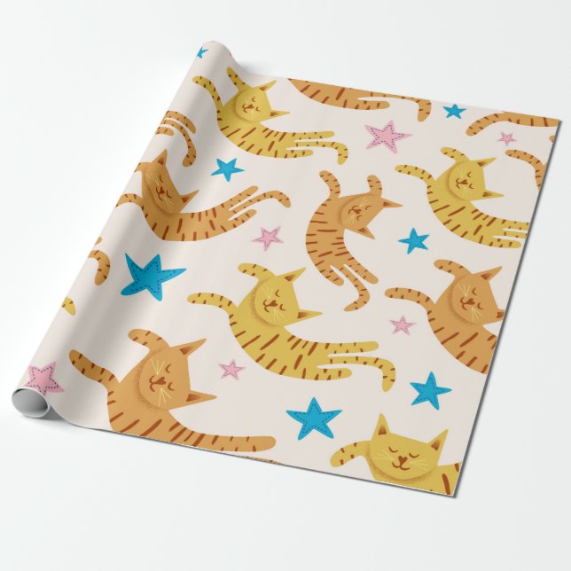 Cute cats seamless pattern with stars funny drawin wrapping paper (Unrolled)