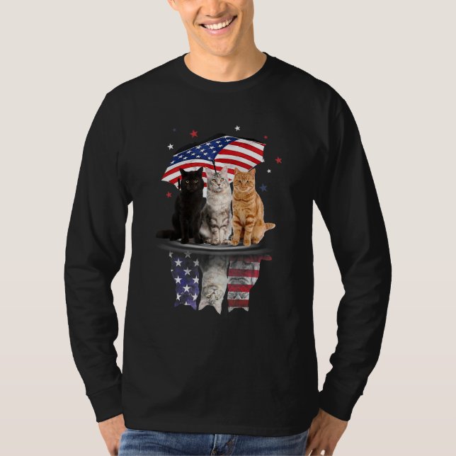 Cute Cats Under American Umbrella On Rainy Indepen T-Shirt (Front)