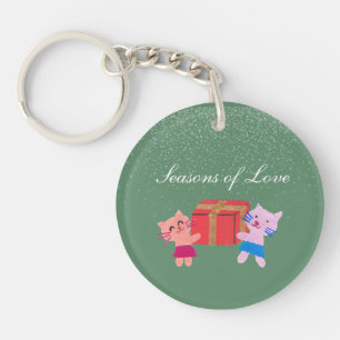 Cute cats w present moss green Christmas photo Key Ring