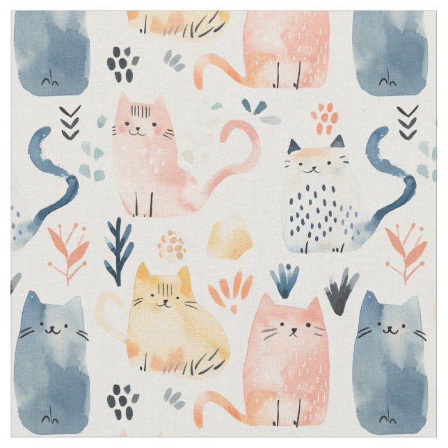 Cute cats watercolor pattern. fabric (Close Up)