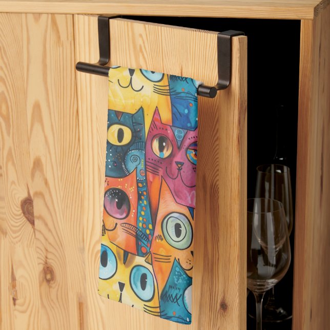 Cute Cats Watercolor Pattern Tea Towel (Thirds Fold)