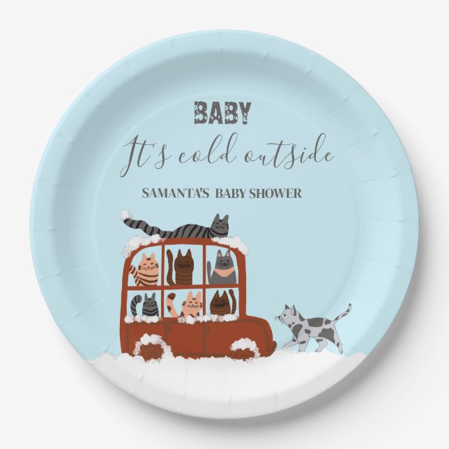 Cute Cats Winter Cold Baby Shower  Paper Plate (Front)