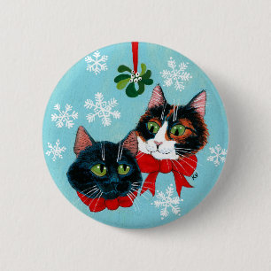 Cute cats winter mistletoe Christmas snow button
