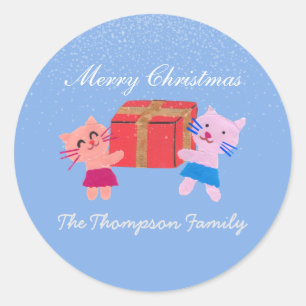 Cute cats with gift box blue Christmas  Classic Round Sticker