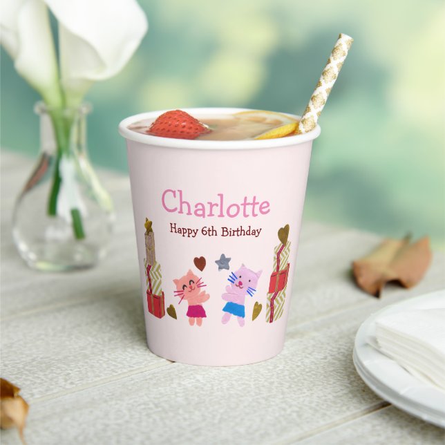 Cute Cats with Gifts Pink Kids Birthday Party Paper Cups (Insitu)