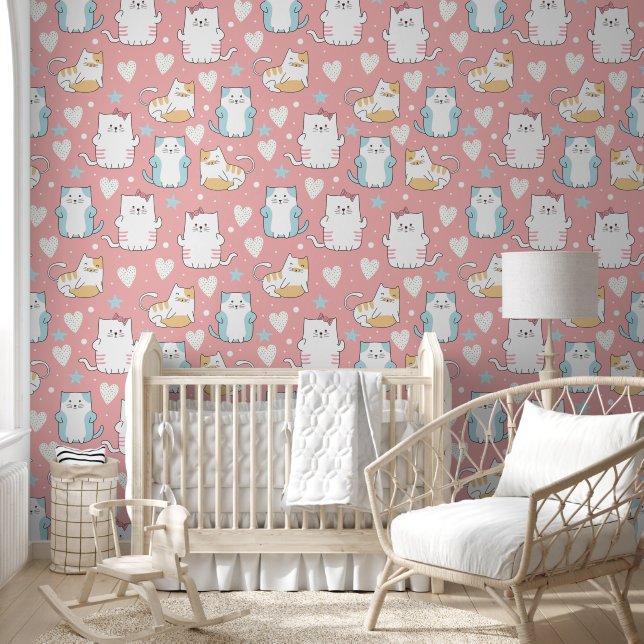 Cute Cats with Hearts, Hand Drawn Wallpaper (Kids)