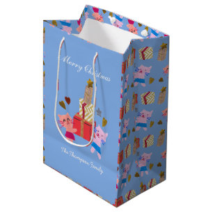 cute cats with present blue Christmas Medium Gift Bag