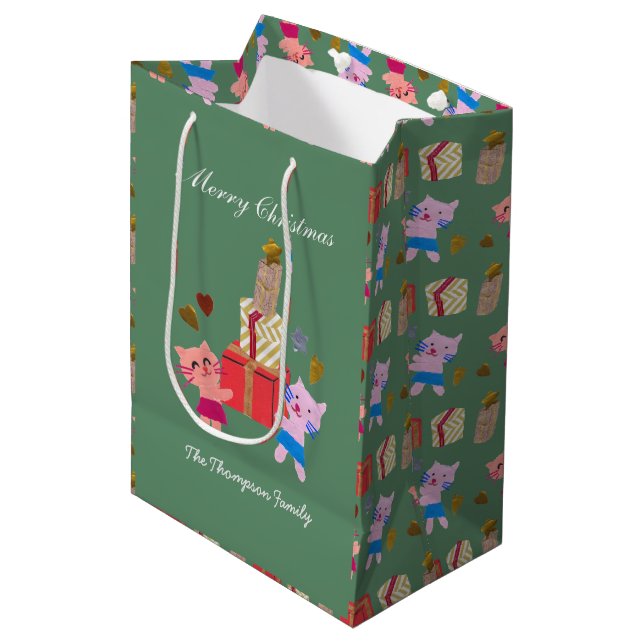 cute cats with present moss green Christmas  Medium Gift Bag (Front Angled)