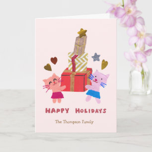 cute cats with presents baby pink holiday card