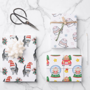 cute cats with santa hat meowy christmas  wrapping paper sheet