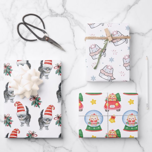 cute cats with santa hat meowy christmas  wrapping paper sheet (Front)
