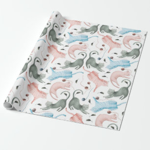 Cute Cats & Yarn Pattern Watercolors Illustration Wrapping Paper