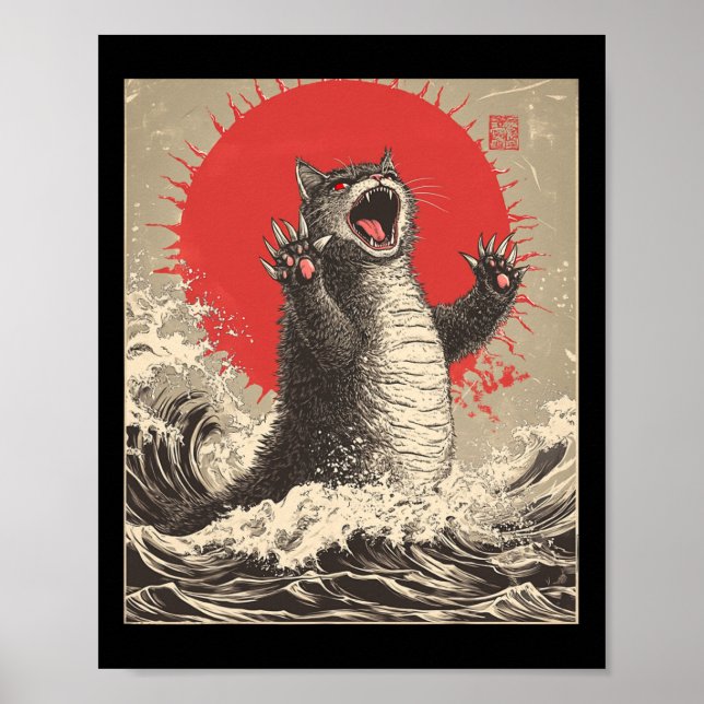 Cute Catzilla Cat Japanese Art Funny Cat  Poster (Front)