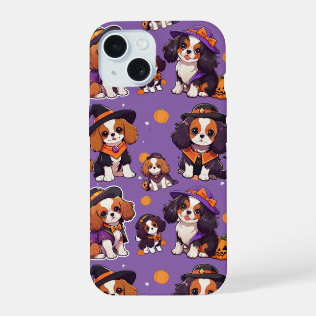 Cute Cavalier King Charles halloween pattern iPhone 15 Case (Back)