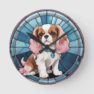 Cute Cavalier King Charles Pastel Stained Glass Round Clock